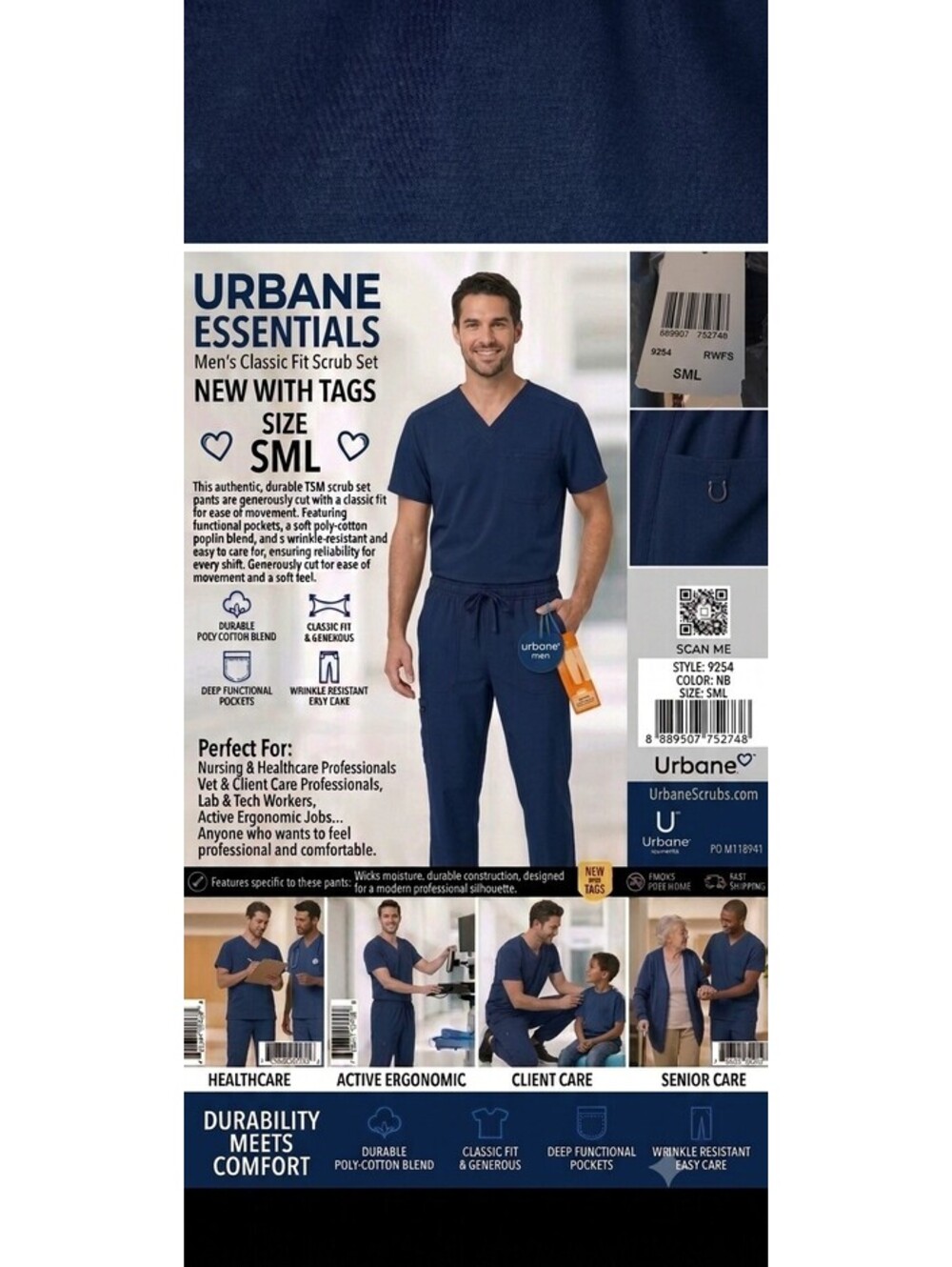 URBANE MEN ORIGINS CARGO DRAWSTRING SCRUB PANTS — NAVY BLUE (SIZE SMALL / SML)